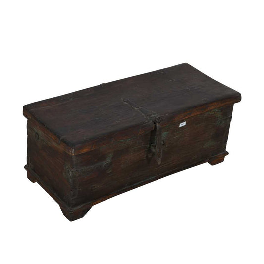 Antique Deep Chestnut & Verdigris Teak Indian Dowry Treasure Chest Coffee Side Table