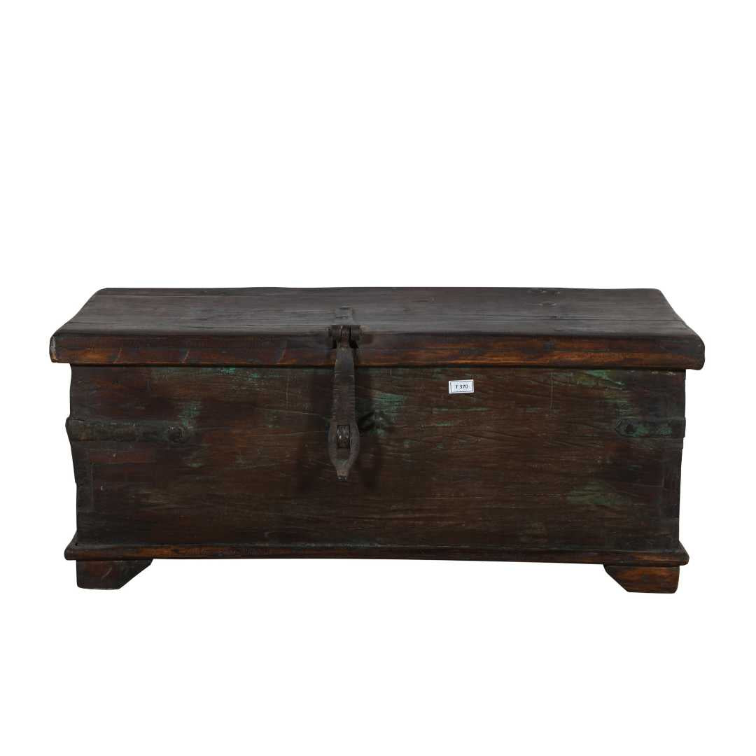 Antique Deep Chestnut & Verdigris Teak Indian Dowry Treasure Chest Coffee Side Table