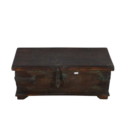 Antique Deep Chestnut & Verdigris Teak Indian Dowry Treasure Chest Coffee Side Table