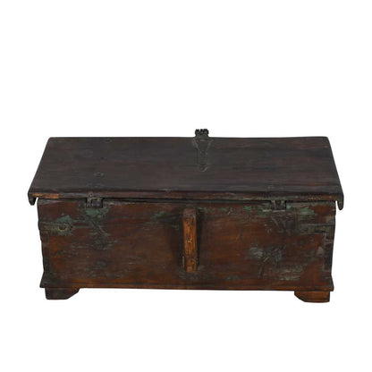 Antique Deep Chestnut & Verdigris Teak Indian Dowry Treasure Chest Coffee Side Table