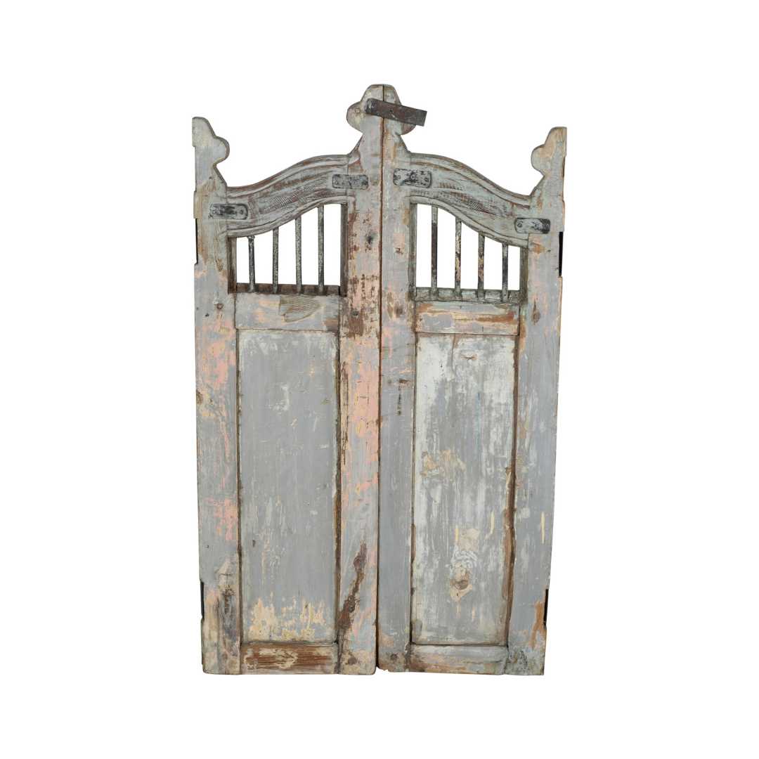 Antique Grey Patina Teak Indian Garden Dog Gates – 19th Century Gujarat Pair