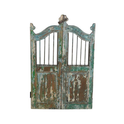 Antique Teal & Verdigris Painted Teak Indian Garden Dog Gates – 19th Century Gujarat Pair