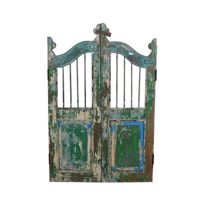Antique Teal & Verdigris Painted Teak Indian Garden Dog Gates – 19th Century Gujarat Pair