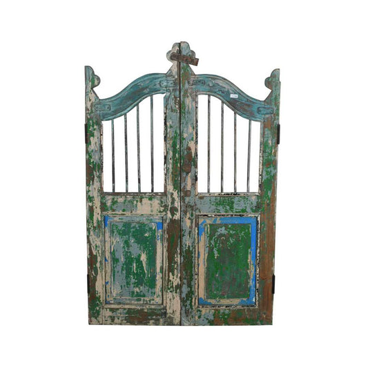 Antique Teal & Verdigris Painted Teak Indian Garden Dog Gates – 19th Century Gujarat Pair