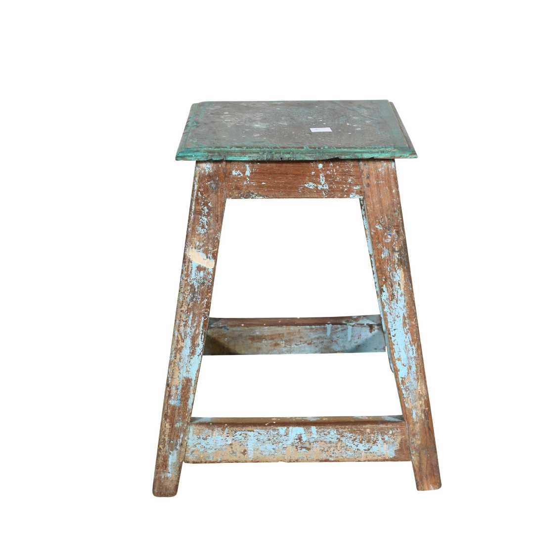 Vintage Turquoise Patina Teak Indian Stool or Pot Plant Stand