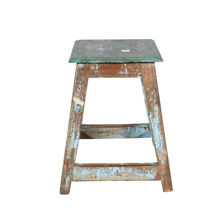 Vintage Turquoise Patina Teak Indian Stool or Pot Plant Stand