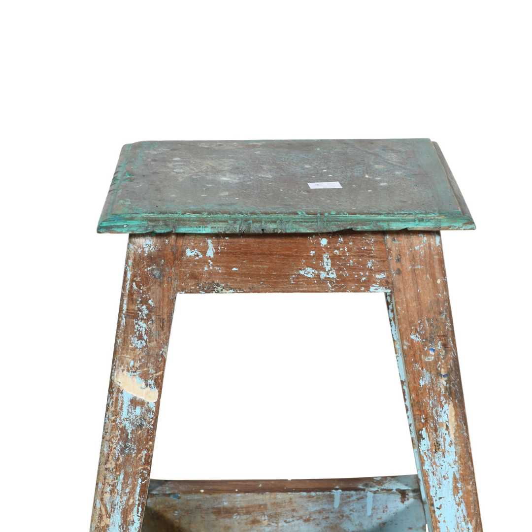Vintage Turquoise Patina Teak Indian Stool or Pot Plant Stand