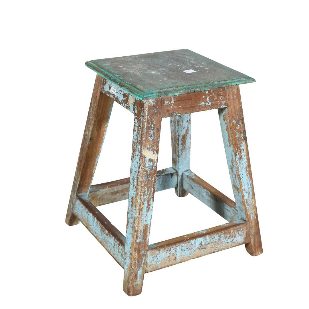 Vintage Turquoise Patina Teak Indian Stool or Pot Plant Stand