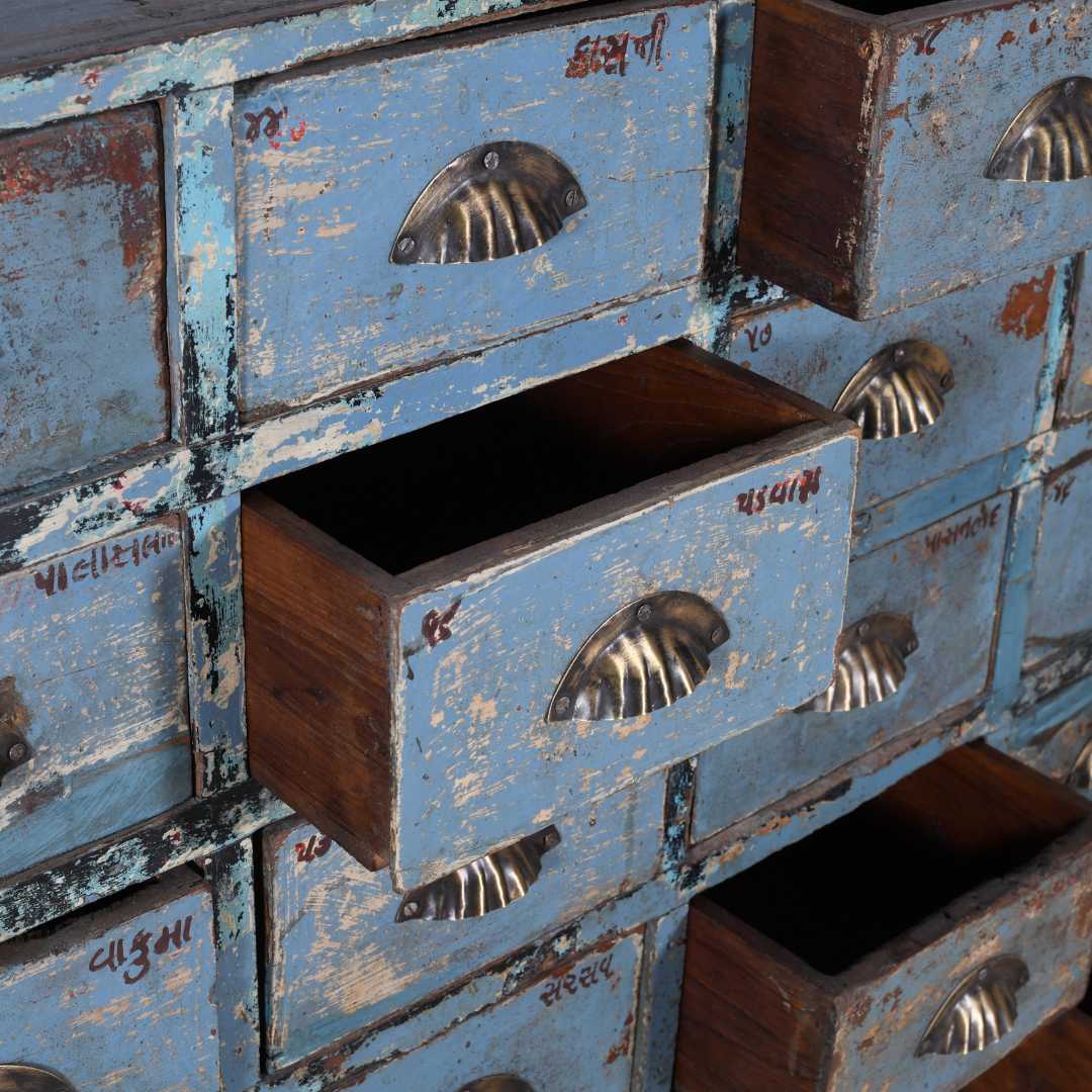Antique Powder Blue Teak Apothecary Chest of 54 Drawers – Gujarat Hardware Store Cabinet