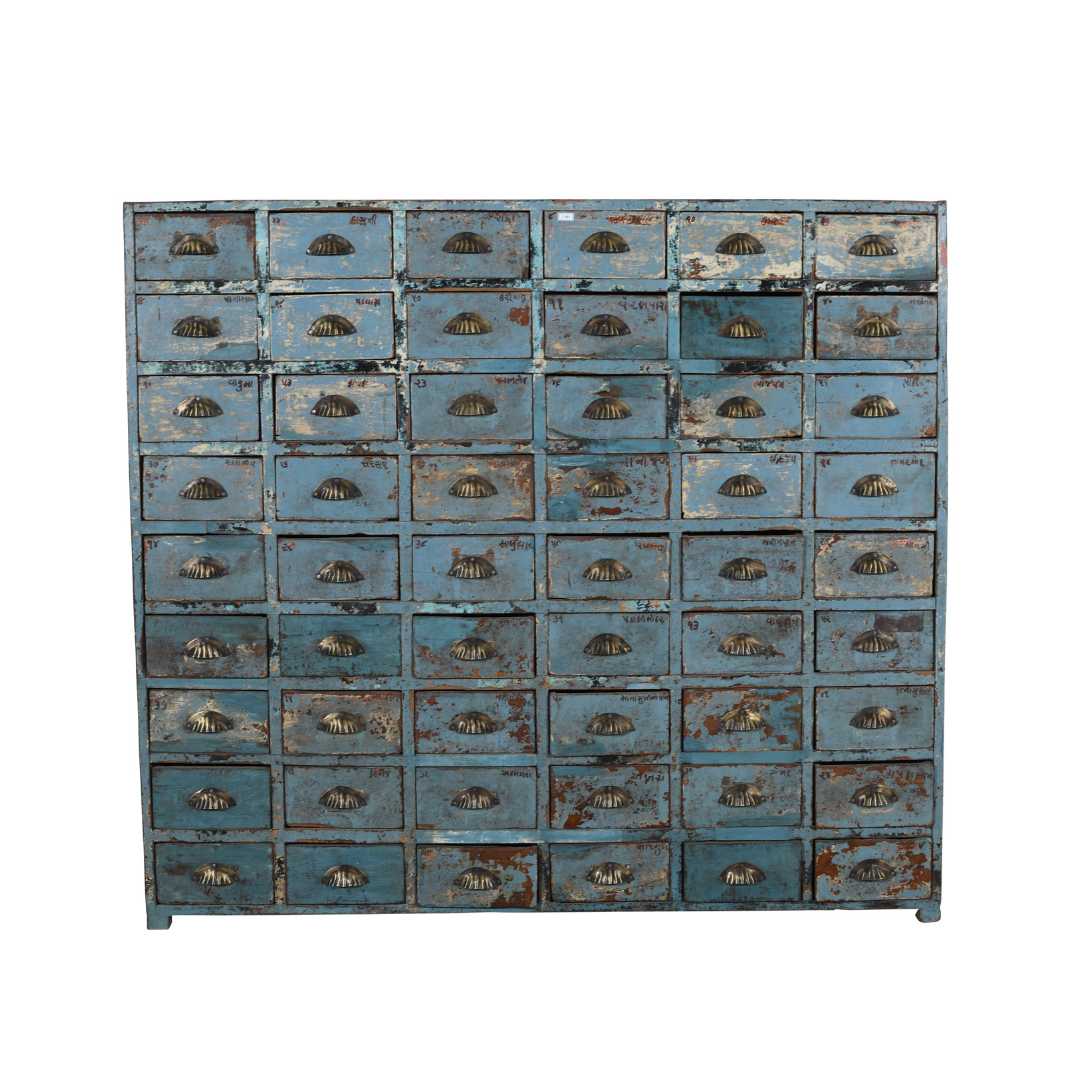 Antique Powder Blue Teak Apothecary Chest of 54 Drawers – Gujarat Hardware Store Cabinet