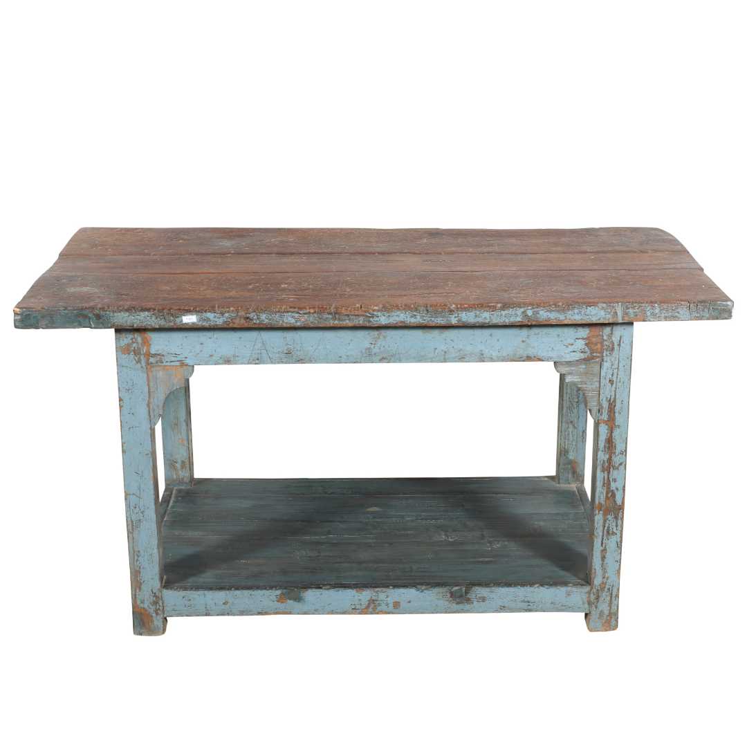 Antique Blue Patina Teak Industrial Kitchen Table Work Bench – Gujarat c1880