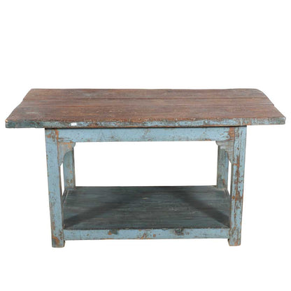 Antique Blue Patina Teak Industrial Kitchen Table Work Bench – Gujarat c1880