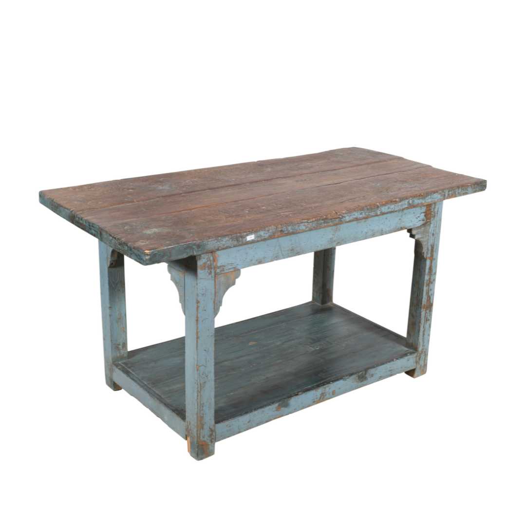 Antique Blue Patina Teak Industrial Kitchen Table Work Bench – Gujarat c1880