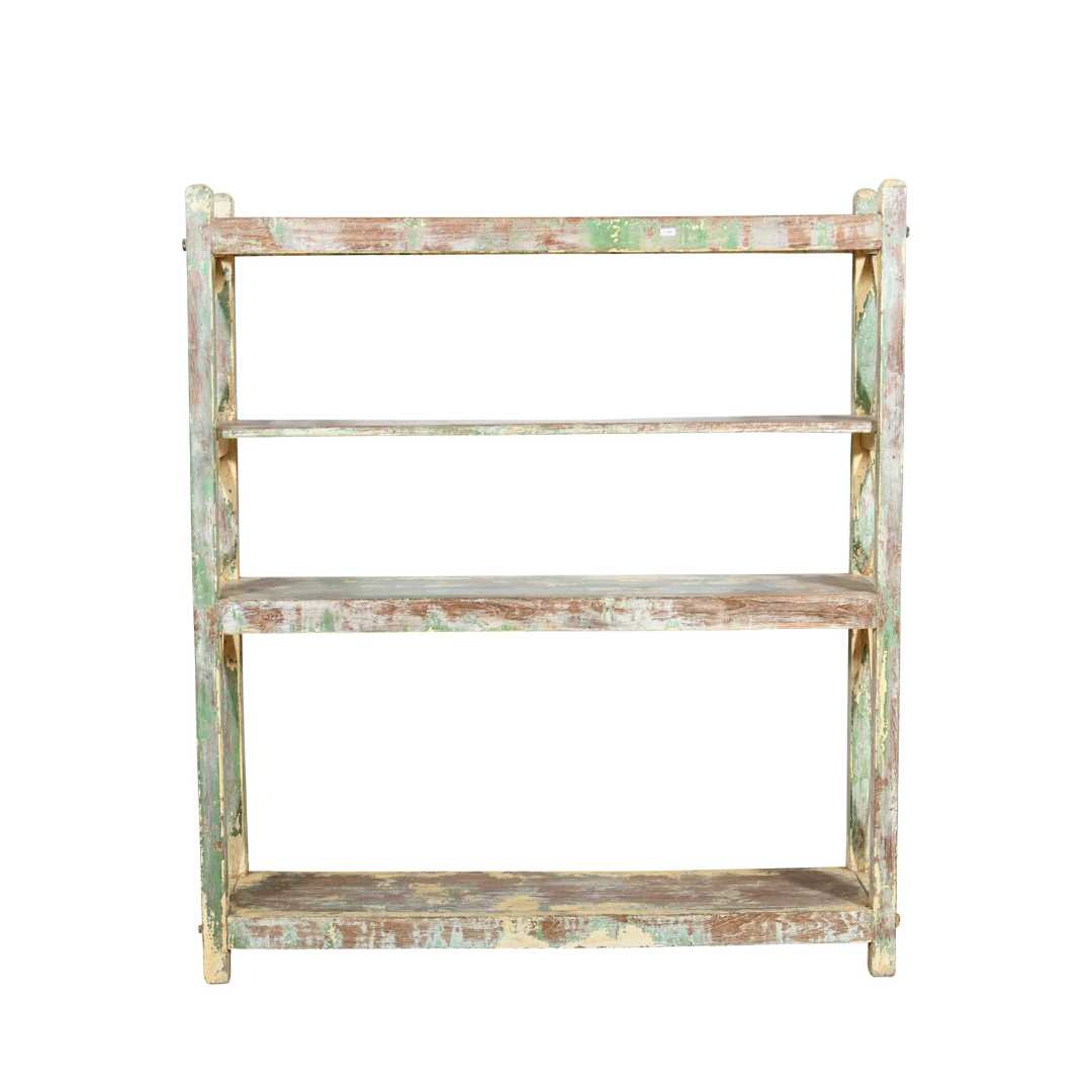 Antique Pistachio & Cream Patina Teak Industrial Kitchen Storage Pan Rack – 4 Tier c1900