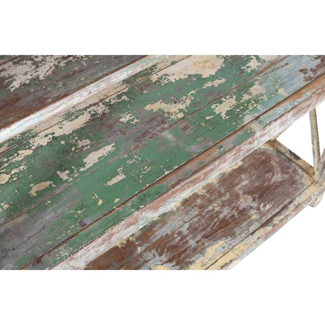 Antique Pistachio & Cream Patina Teak Industrial Kitchen Storage Pan Rack – 4 Tier c1900