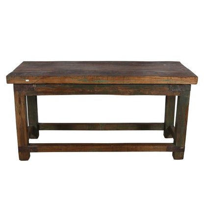 Antique Forest Green & Walnut Teak Industrial Kitchen Table Work Bench – Gujarat c1880