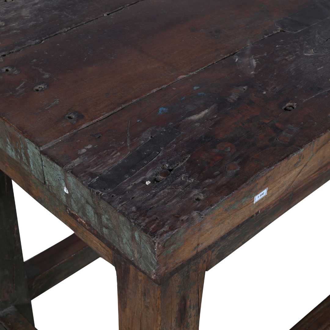 Antique Forest Green & Walnut Teak Industrial Kitchen Table Work Bench – Gujarat c1880