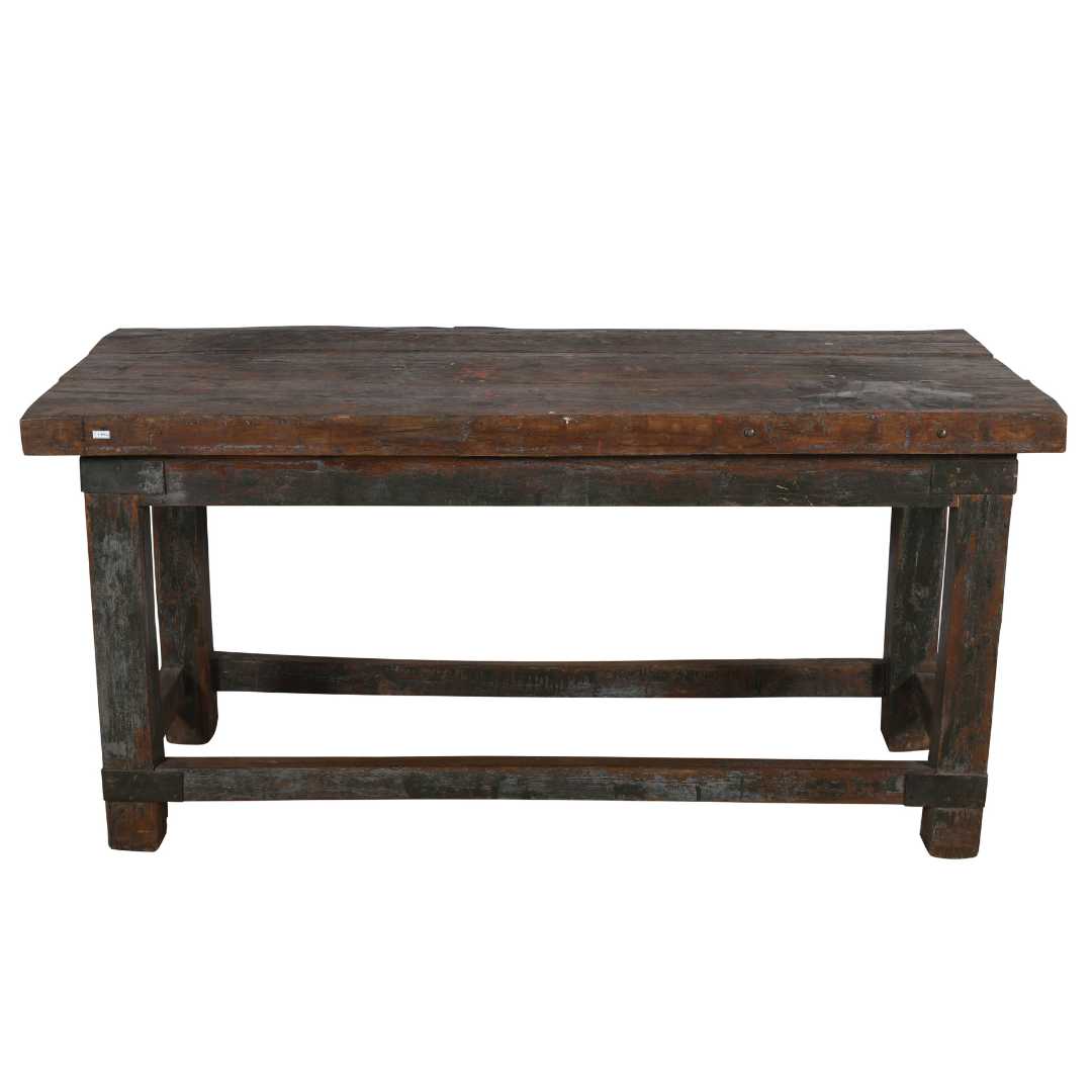 Antique Charcoal & Walnut Teak Industrial Kitchen Table Work Bench – Gujarat c1880