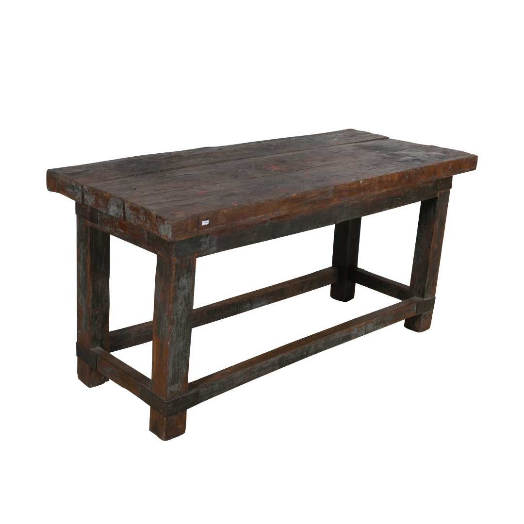 Antique Charcoal & Walnut Teak Industrial Kitchen Table Work Bench – Gujarat c1880