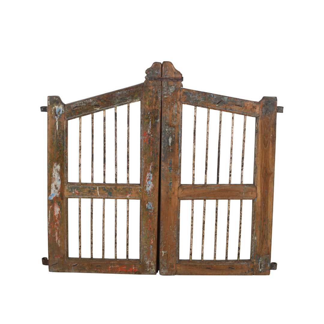 Antique Indian Teak Dog Gates – Rustic Ochre, Verdigris & Terracotta Patina, Gujarat c.1880