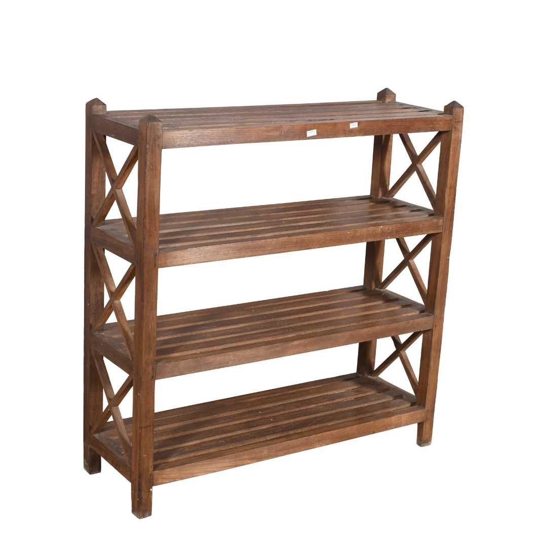 Antique Deep Walnut Teak Wood Industrial Kitchen Storage Pan Rack – Early 1900s