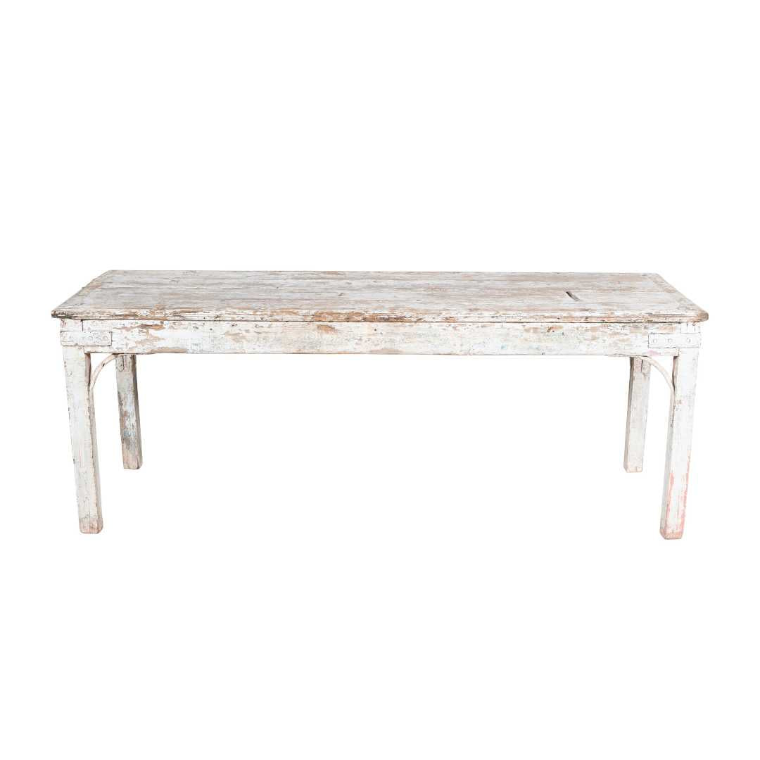Antique Whitewashed Teak Patak Work Bench – 1880s Industrial Kitchen Table