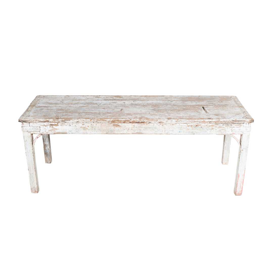 Antique Whitewashed Teak Patak Work Bench – 1880s Industrial Kitchen Table