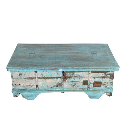 Antique Blue Patina Teak Wood Surti Coffee Table Chest – c1860 Gujarat