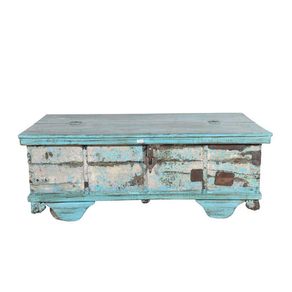 Antique Blue Patina Teak Wood Surti Coffee Table Chest – c1860 Gujarat