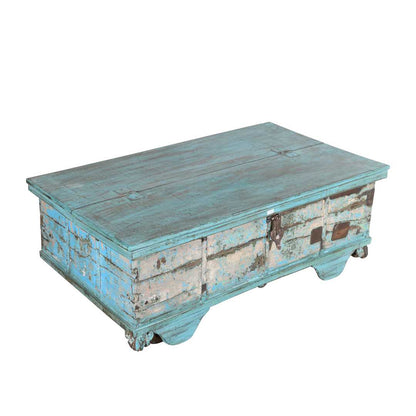 Antique Blue Patina Teak Wood Surti Coffee Table Chest – c1860 Gujarat
