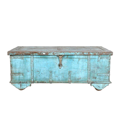 Antique Turquoise Blue Teak Surti Coffee Table Chest – Gujarat c1860