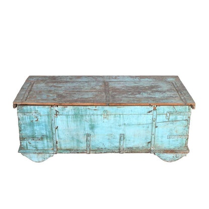 Antique Turquoise Blue Teak Surti Coffee Table Chest – Gujarat c1860