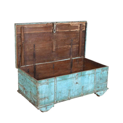 Antique Turquoise Blue Teak Surti Coffee Table Chest – Gujarat c1860