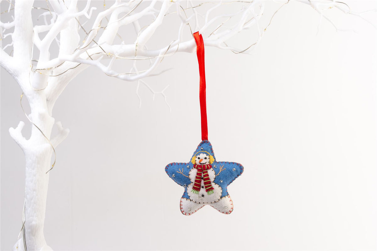 Handmade Felt Snowman Star Christmas Tree Hanging Decoration - 8 cm