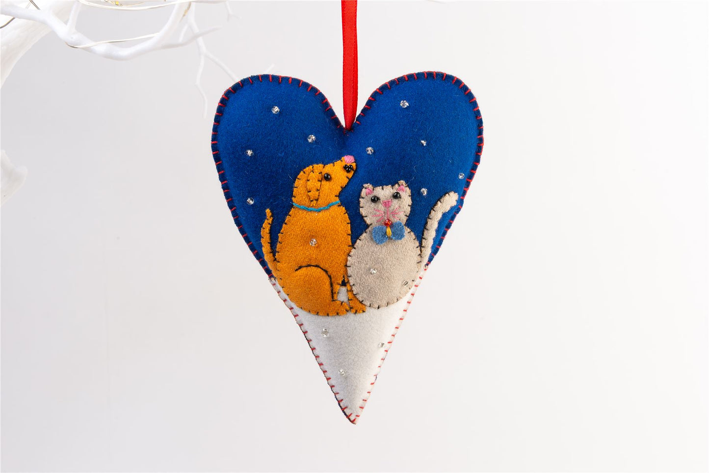 Handmade Felt Dog and Cat Heart Christmas Tree Hanging Decoration - 16 cm
