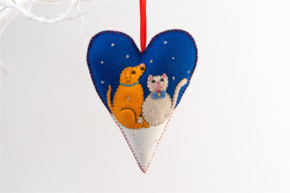 Handmade Felt Dog and Cat Heart Christmas Tree Hanging Decoration - 16 cm