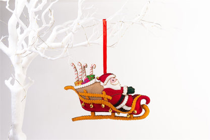 Handmade Felt Santa In His Sleigh Christmas Tree Hanging Decoration - 11.5 cm