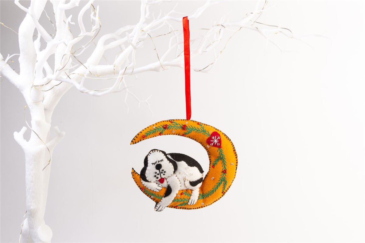 Handmade Felt Dog Asleep On The Moon Christmas Tree Hanging Decoration - 11.5 cm
