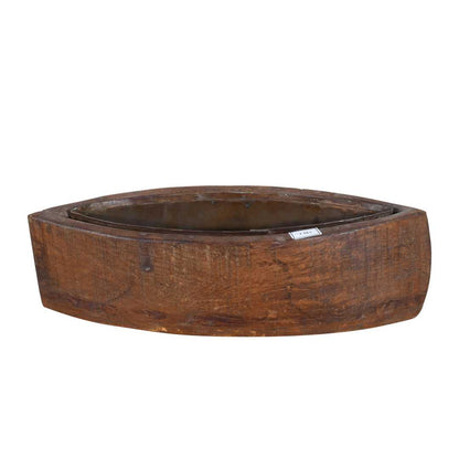 Vintage Indian Teak Wood Planter with Removable Iron Insert – 42cm