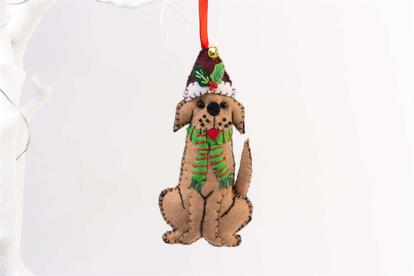 Handmade Felt Sitting Dog Christmas Tree Hanging Decoration - 13 cm
