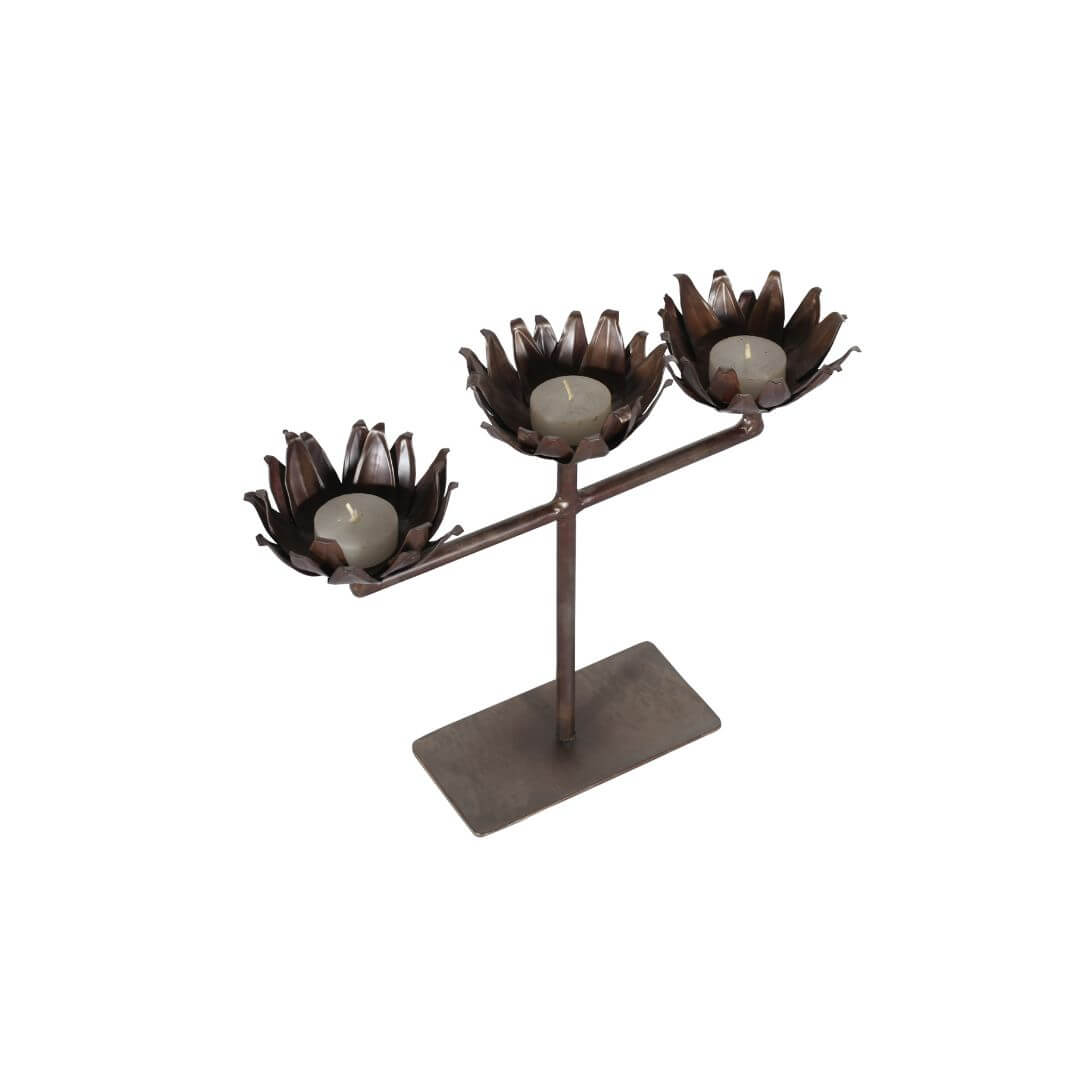 Vintage Indian Iron 3 Arm Lotus Flower Candelabra