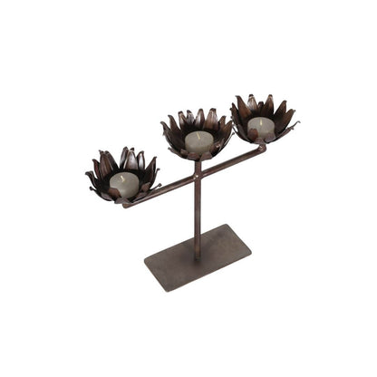 Vintage Indian Iron 3 Arm Lotus Flower Candelabra