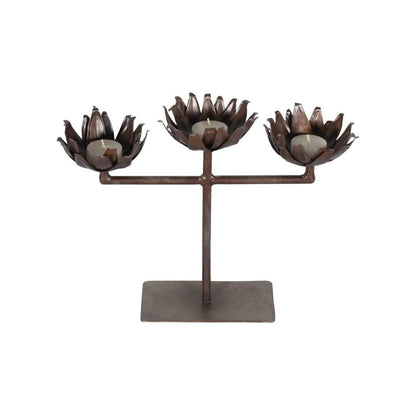Vintage Indian Iron 3 Arm Lotus Flower Candelabra