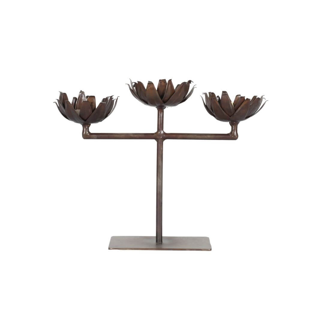 Vintage Indian Iron 3 Arm Lotus Flower Candelabra