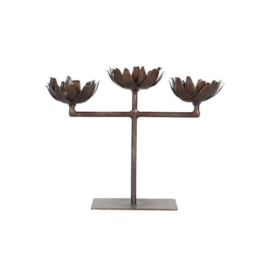 Vintage Indian Iron 3 Arm Lotus Flower Candelabra