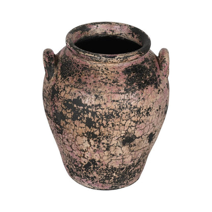 Rustic Indian Vintage-Inspired Clay Flower Pot Vase – Distressed Pink & Black