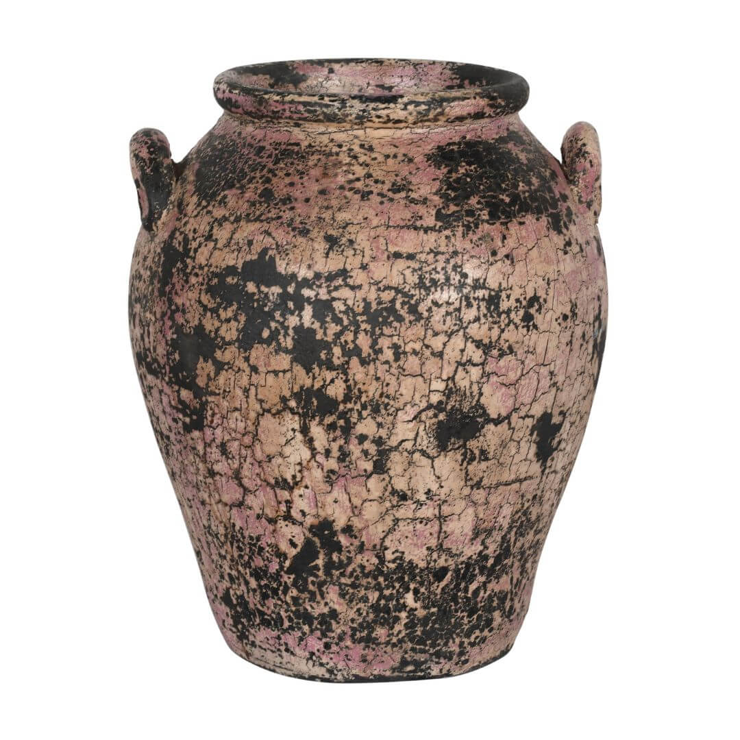 Rustic Indian Vintage-Inspired Clay Flower Pot Vase – Distressed Pink & Black