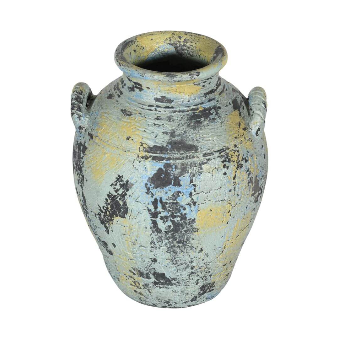 Rustic Indian Vintage-Inspired Clay Flower Pot Vase – Distressed Blue & Yellow