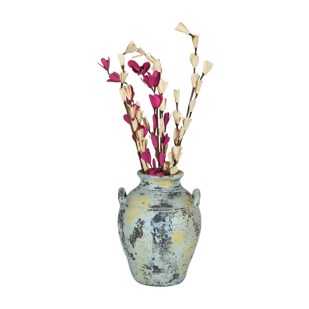 Rustic Indian Vintage-Inspired Clay Flower Pot Vase – Distressed Blue & Yellow