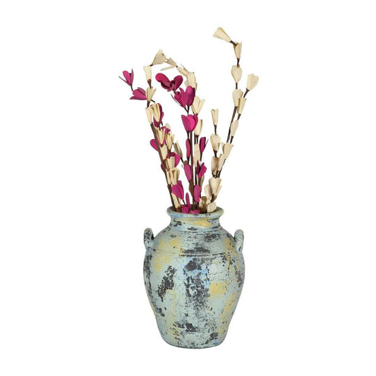 Rustic Indian Vintage-Inspired Clay Flower Pot Vase – Distressed Blue & Yellow